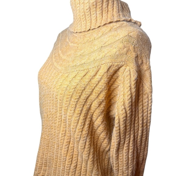 Elegant Mustard Cable Knit Turtleneck Sweater with 3/4 Sleeves | Sz S - Picture 2 of 7